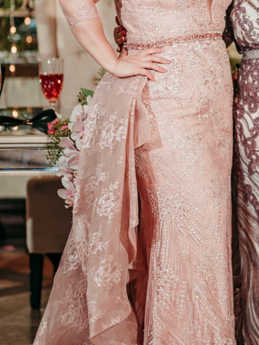 Embellished Lace Evening Gown in Blush Pink